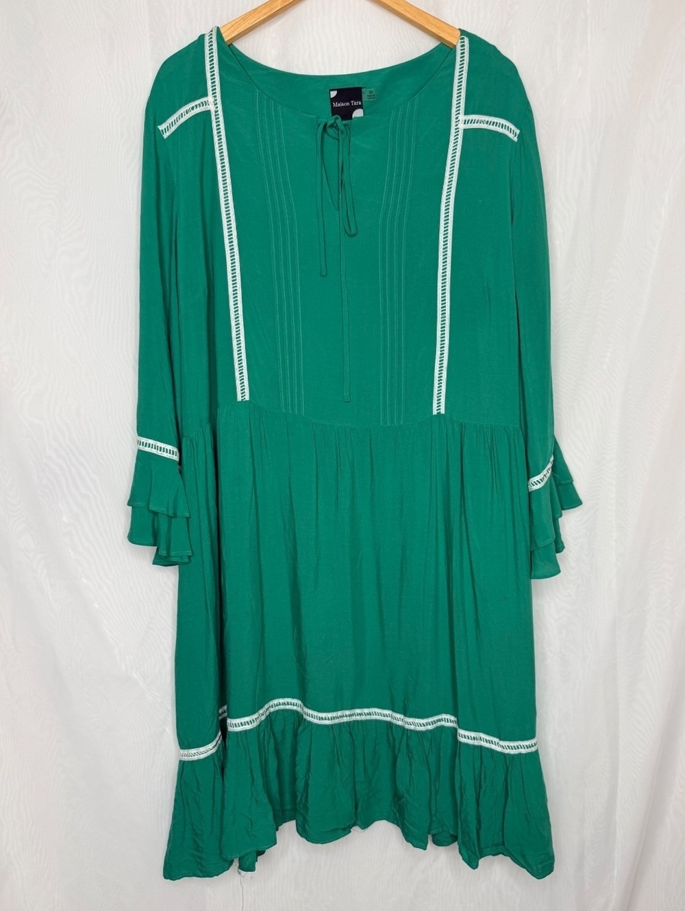 Maison Tara 100% Rayon Green Boho Peasant Dress